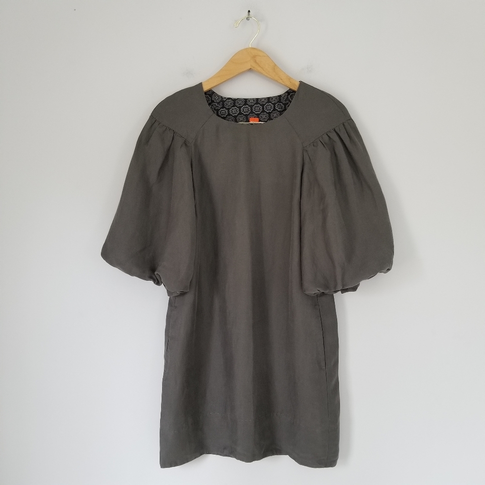 Hugo Boss Linen Blend Mini Puff Sleeve Shift Dress Pockets Gray Sz 4